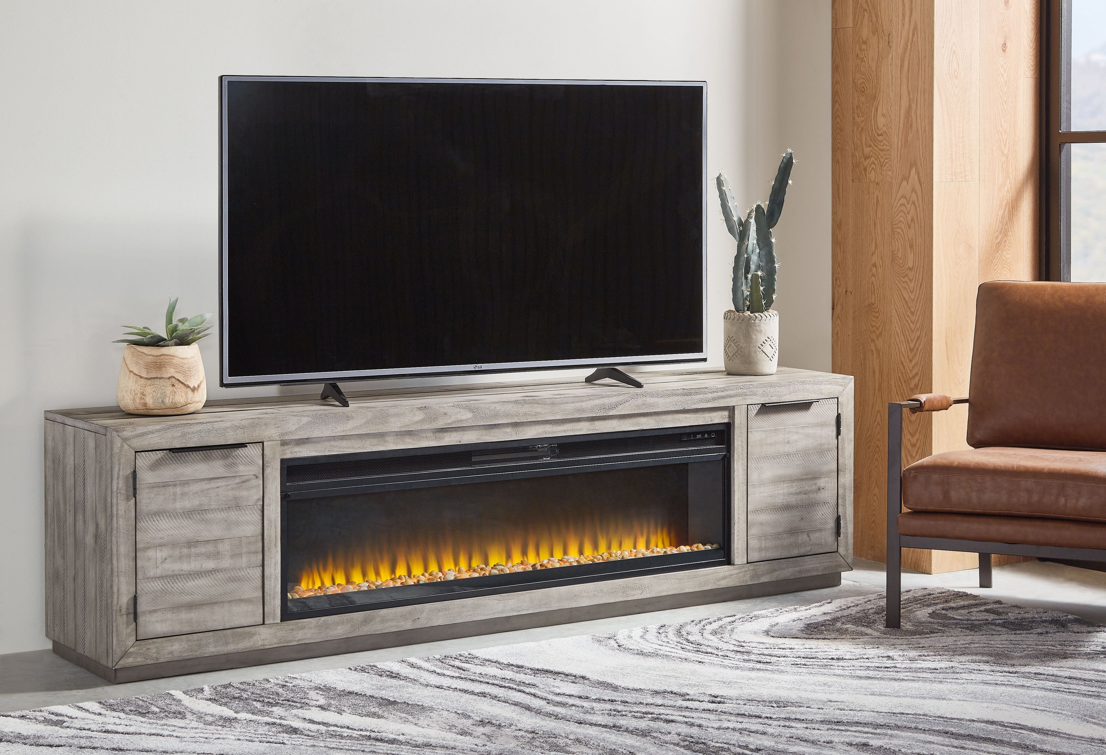 Naydell Gray 92 TV Stand With Wide Fireplace Insert