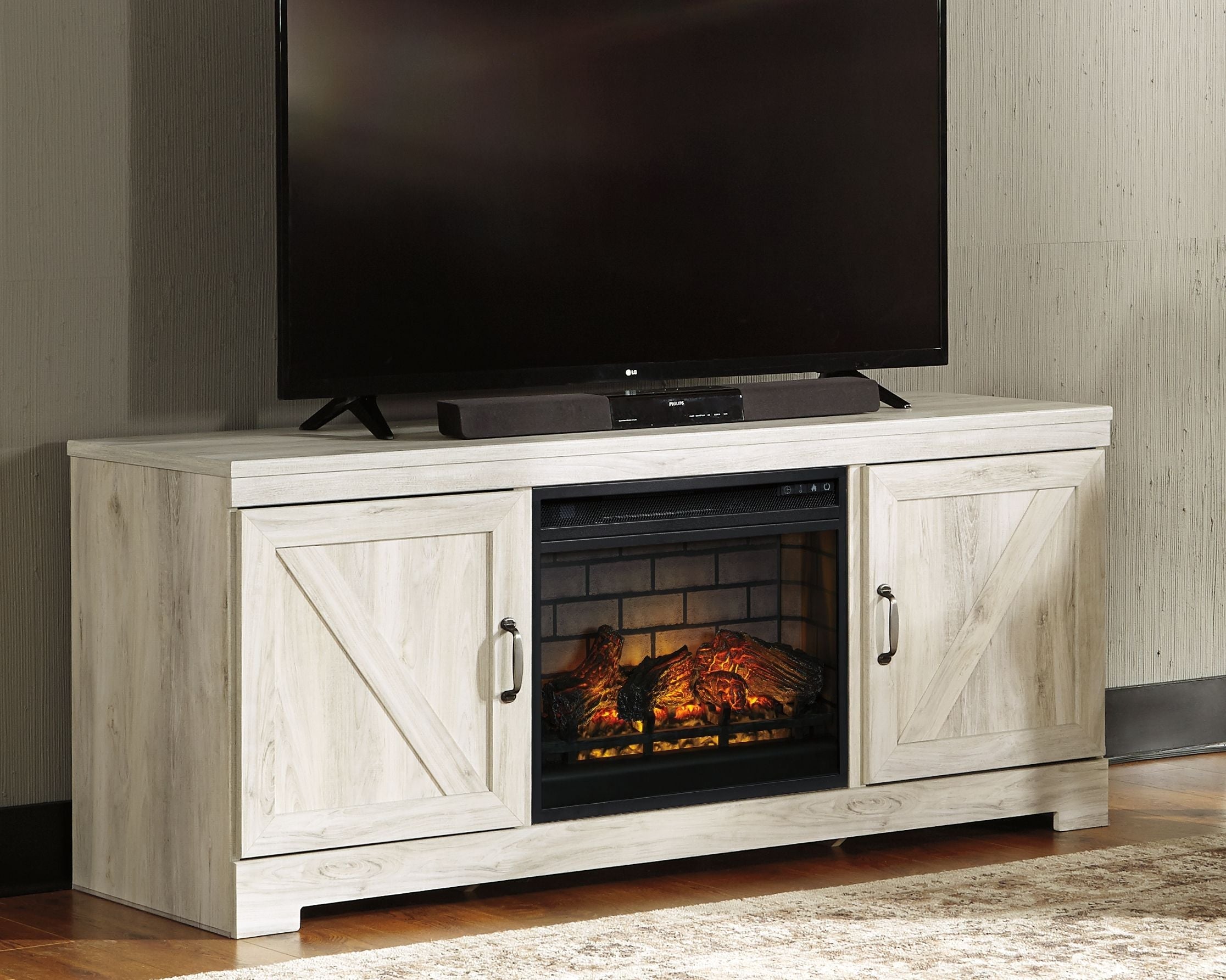 Bellaby Whitewash 63 TV Stand With Faux Firebrick Fireplace Insert