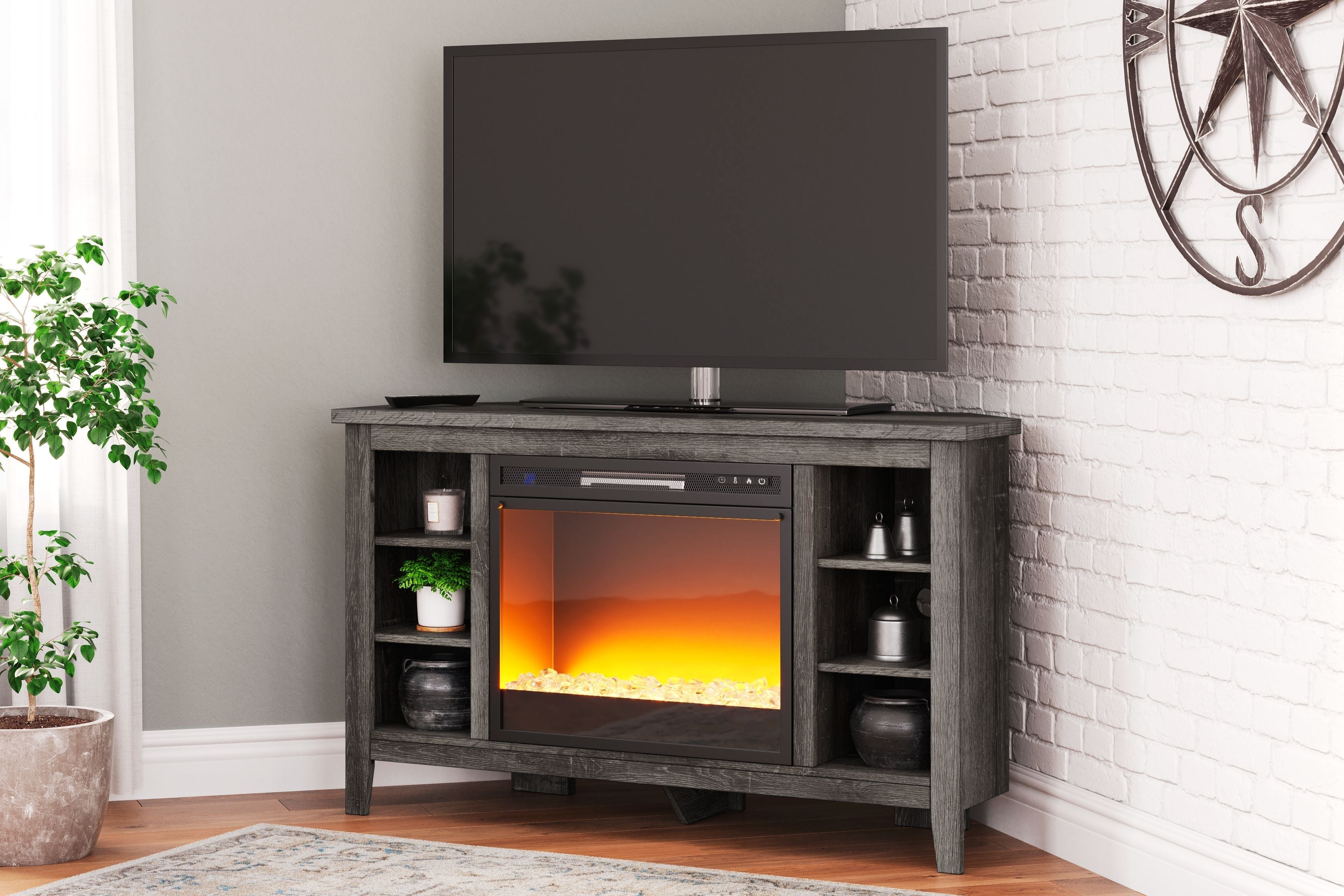 Arlenbry Gray Corner TV Stand With Glass/Stone Fireplace Insert
