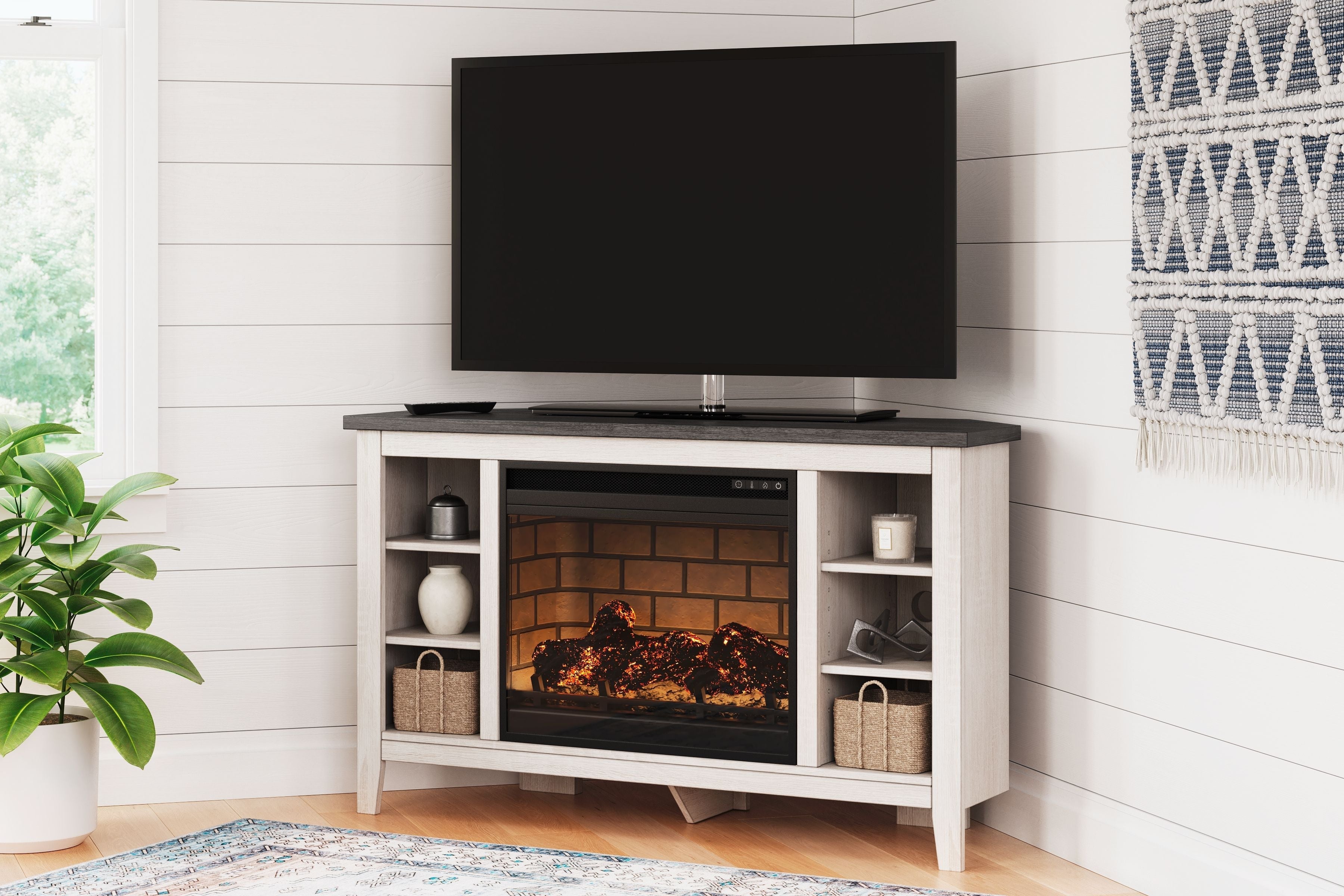 Dorrinson Corner TV Stand With Fireplace Insert