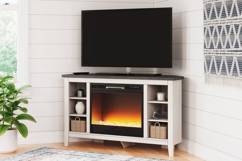 Dorrinson Corner TV Stand With Fireplace Insert