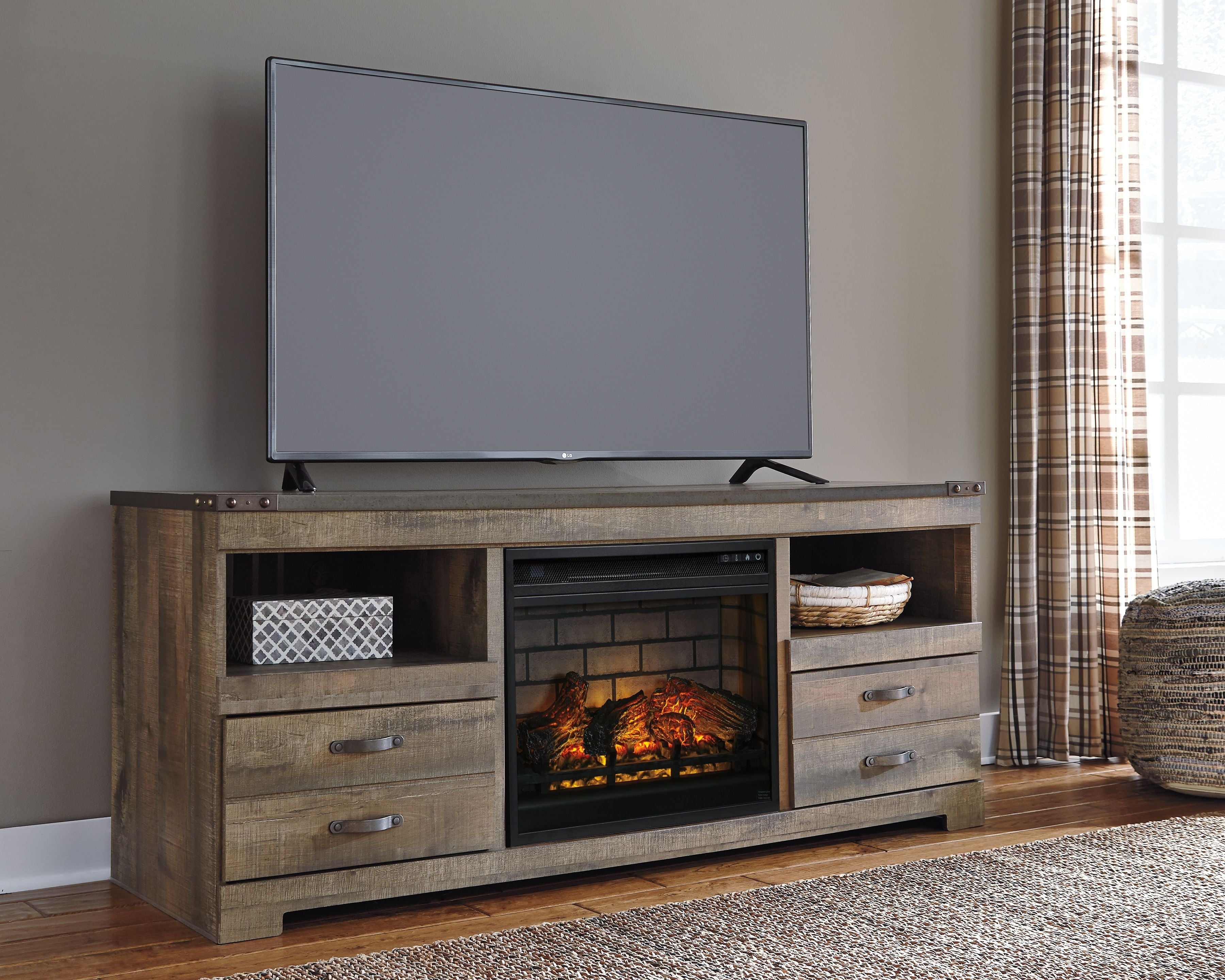 Trinell Brown 63 TV Stand With Glass/Stone Fireplace Insert